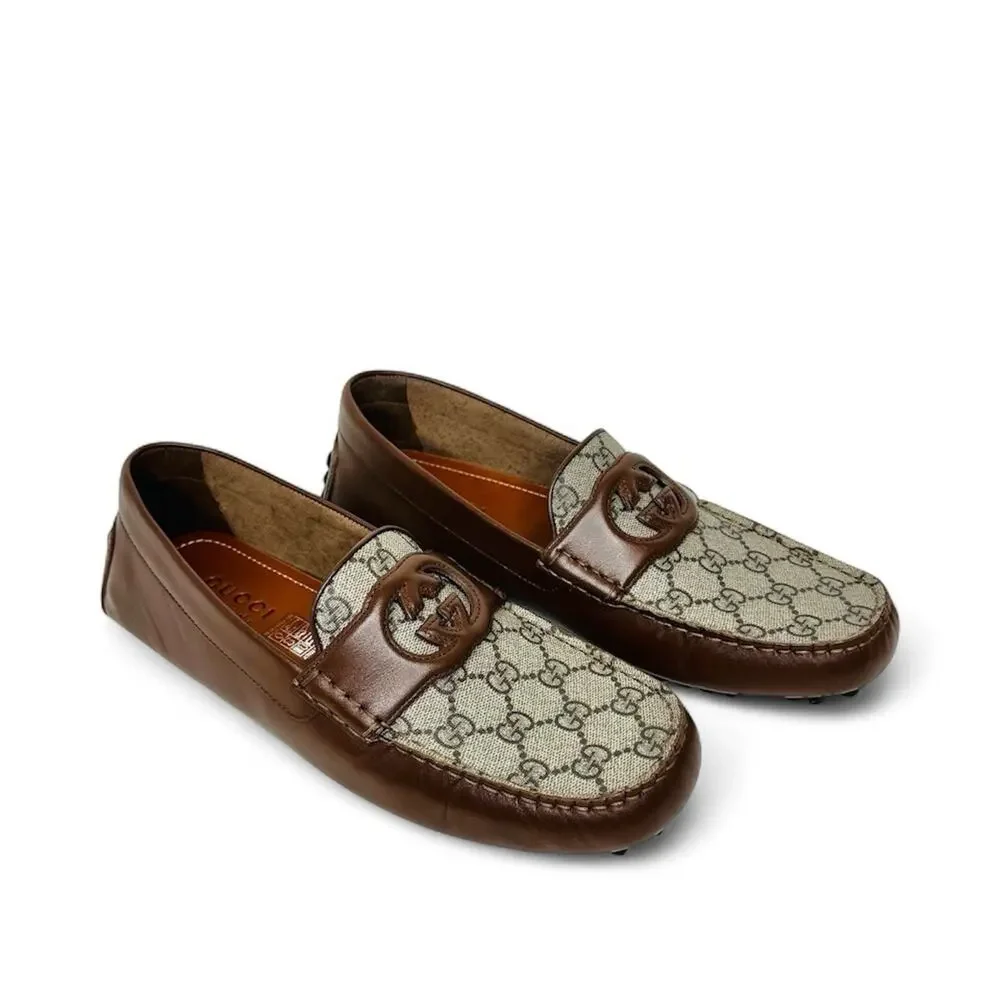 NIB Gucci Men Loafer 8.5 US 9 Brown GG Supreme Canvas Leather Driver Moccasins